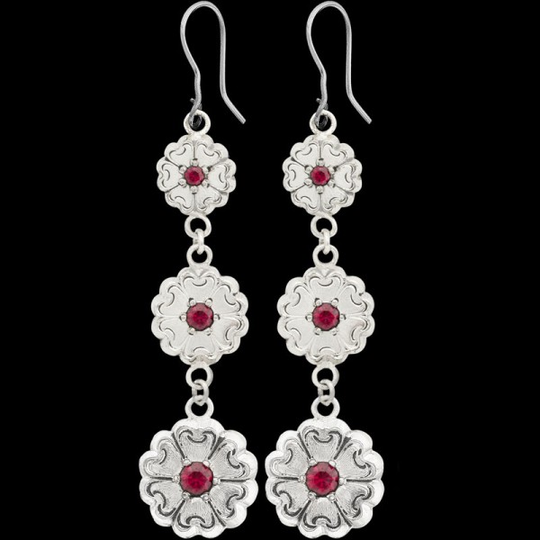 The timeless beauty of the Oklahome Rose Earrings will stand out with any Western outfit. Featuring 3 fine German Silver flowers with customizable stone color. Order now!